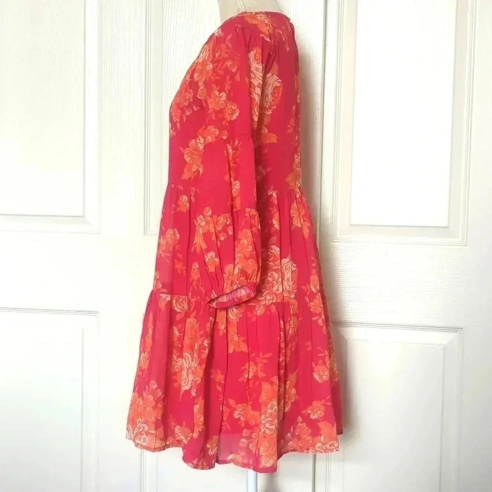 SASSAFRAS Fuchsia Floral Drop Shoulder Tiered Dress - Picture 6 of 8